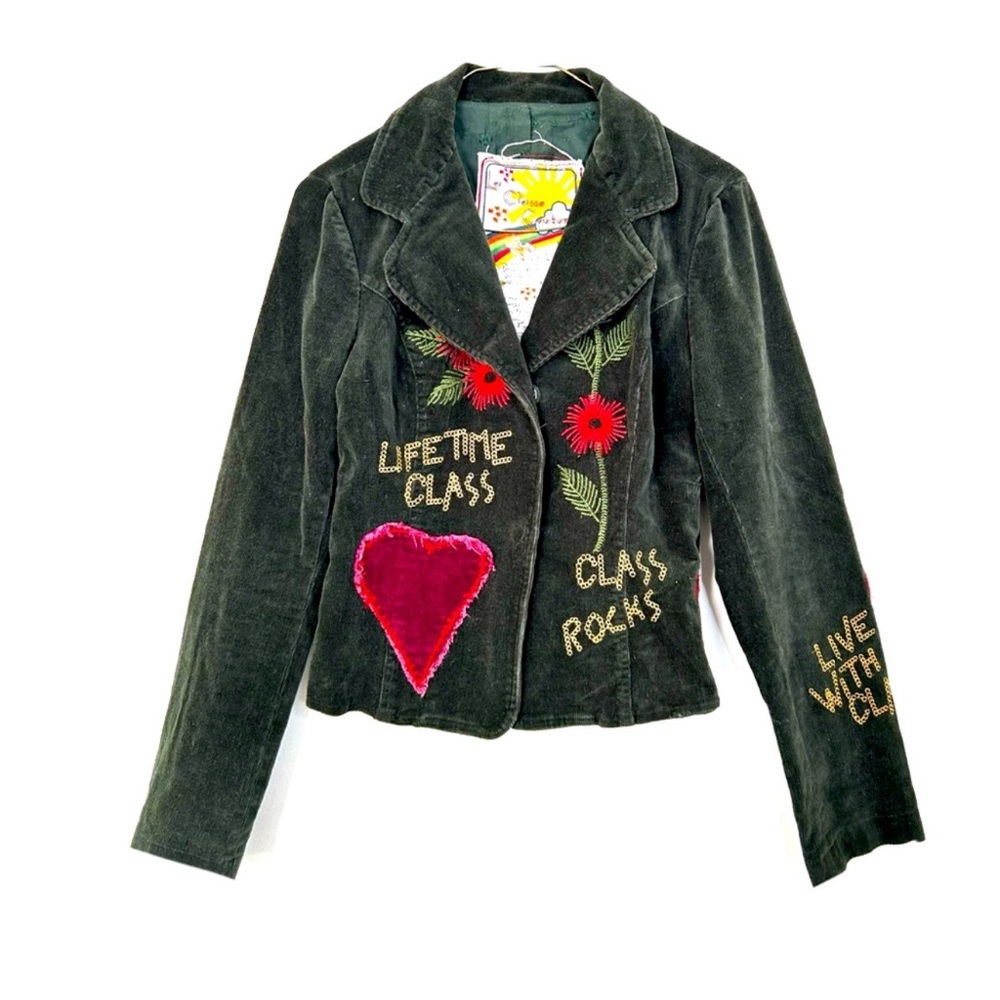 La Classe Couture Corduroy Stretch Blazer Embroidery Patchwork Boho Green XS/S